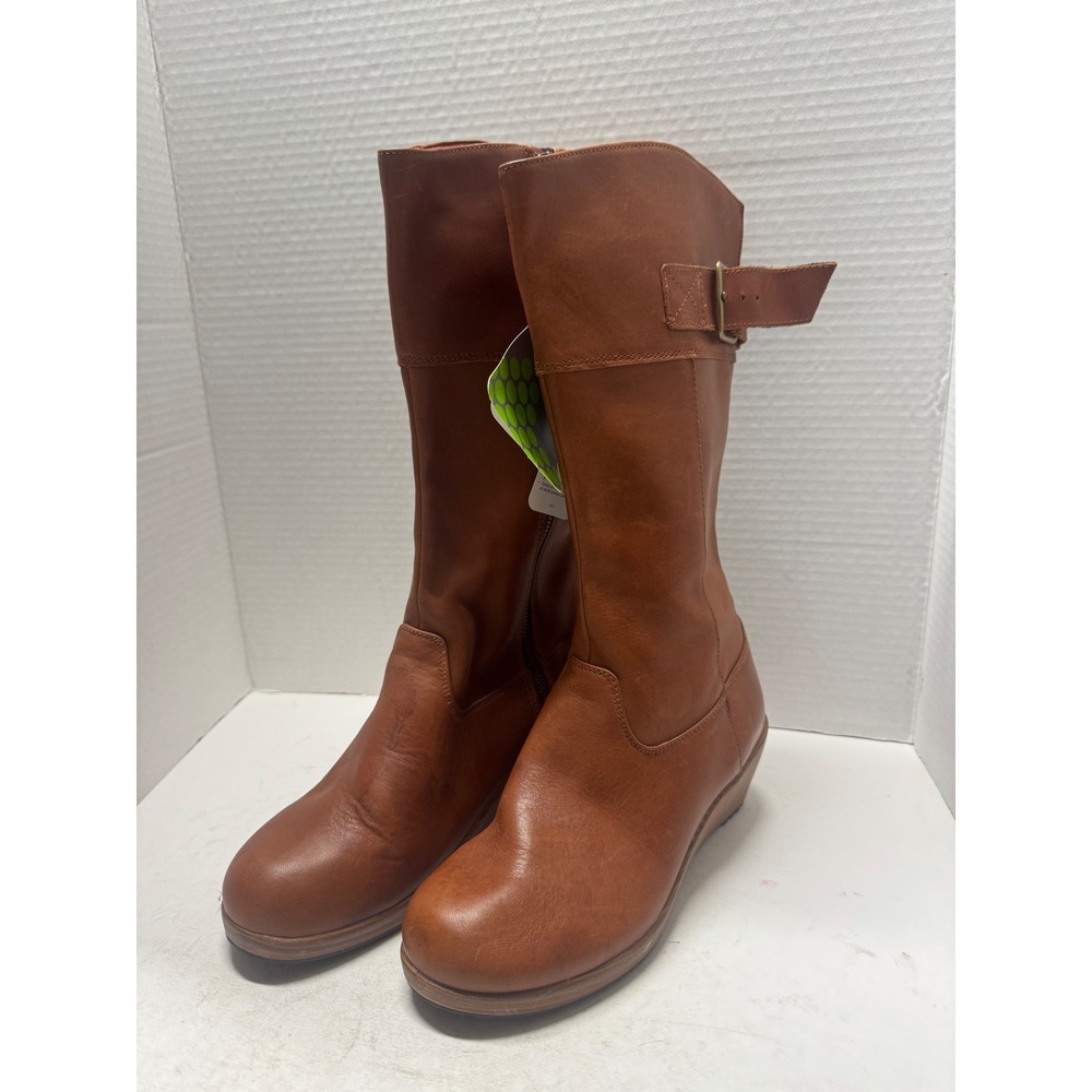 Crocs A-Leigh Leather Boot W Cinnamon Walnut Wedge Tall Buckle 14783 Womens 6